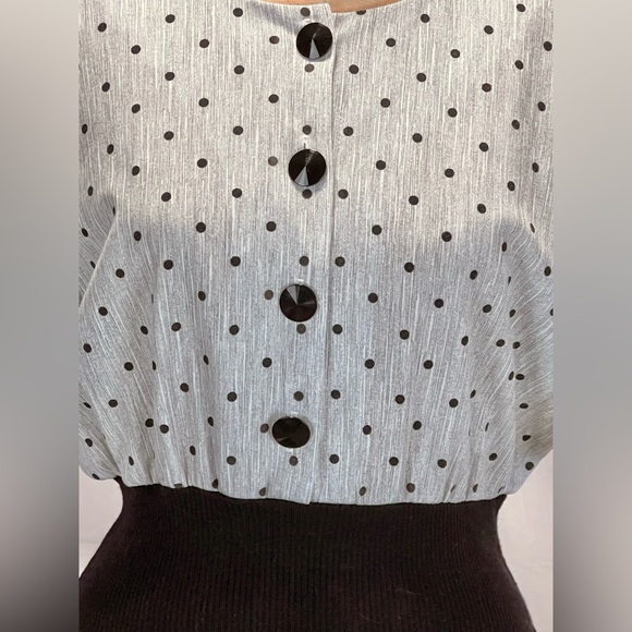 VINTAGE 80s peplum ruffle waist midi dress column pencil puff shoulder polka dot - Picture 6 of 13